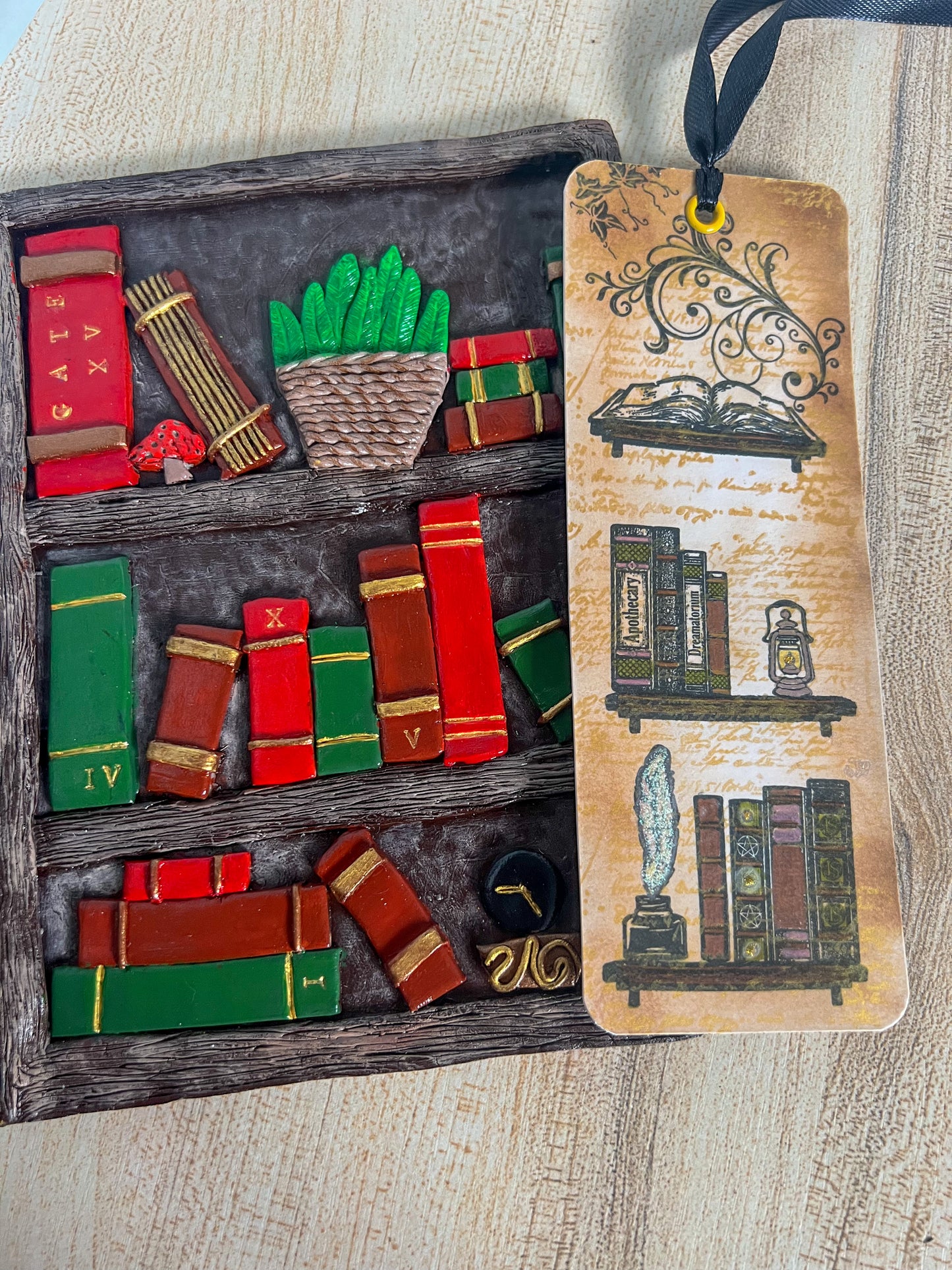 Library Hand Sculpted Book Cover & Bookmark Bundle with Mystery Charm