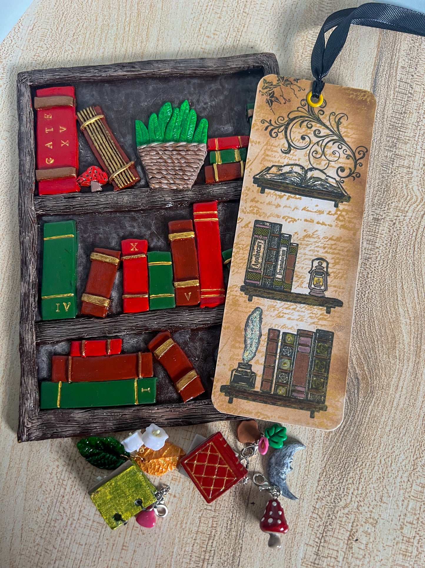 Library Hand Sculpted Book Cover & Bookmark Bundle with Mystery Charm