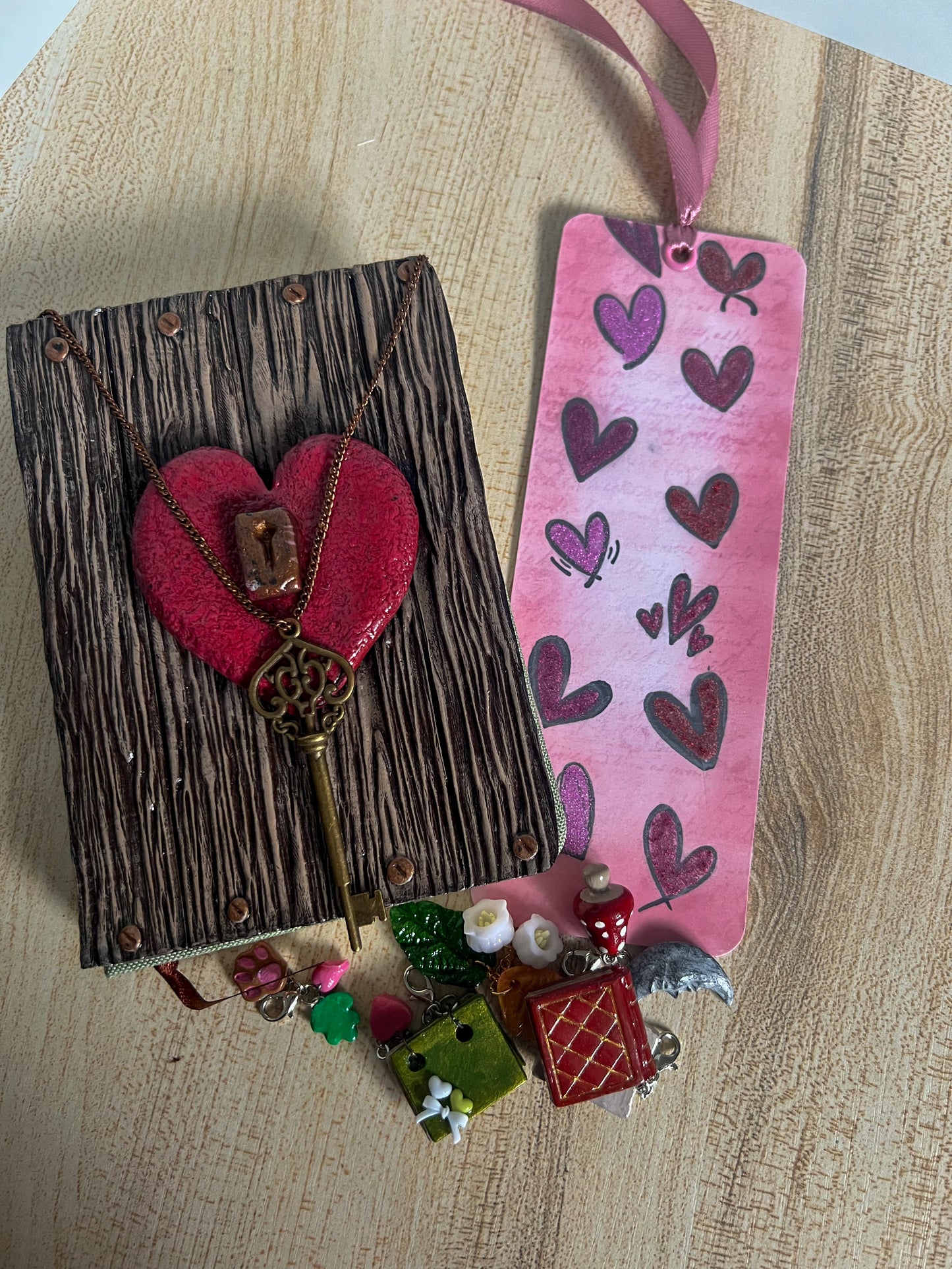 Vintage Heart & Key Book Cover & Mixed Journal Bundle with Mystery Charm