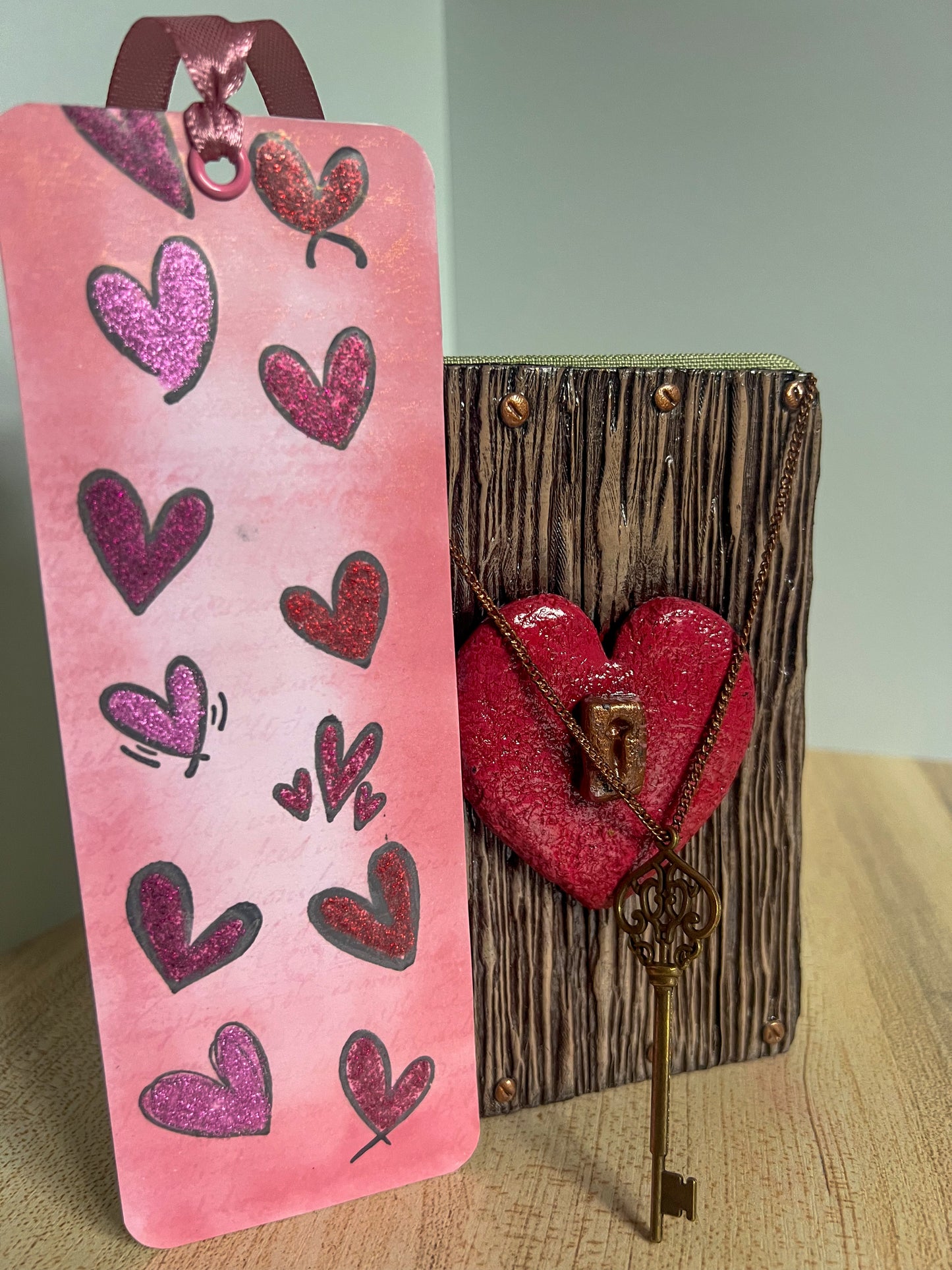 Vintage Heart & Key Book Cover & Mixed Journal Bundle with Mystery Charm