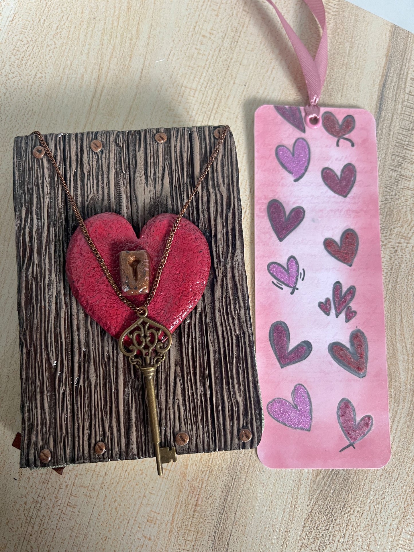 Vintage Heart & Key Book Cover & Mixed Journal Bundle with Mystery Charm