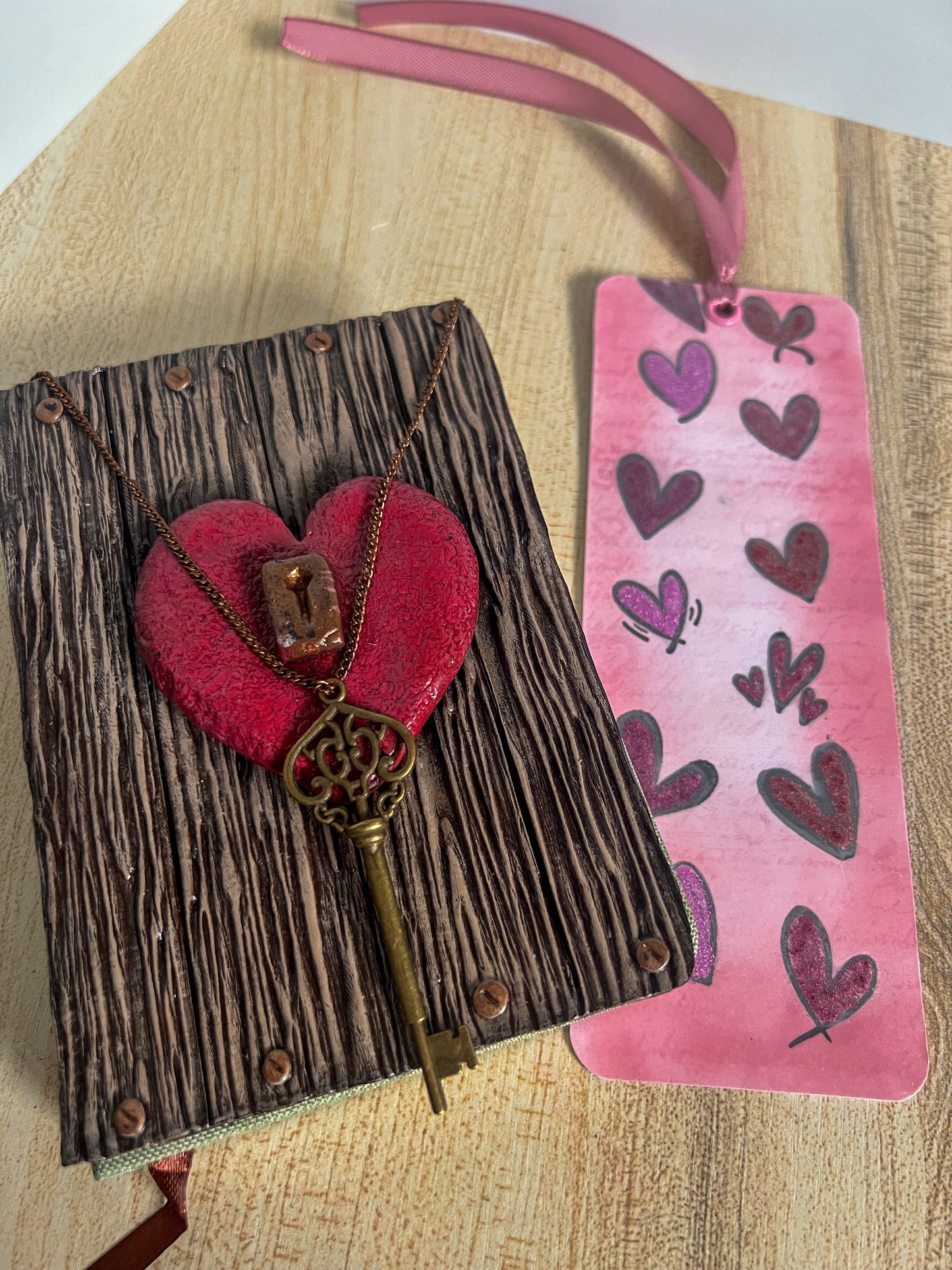 Vintage Heart & Key Book Cover & Mixed Journal Bundle with Mystery Charm