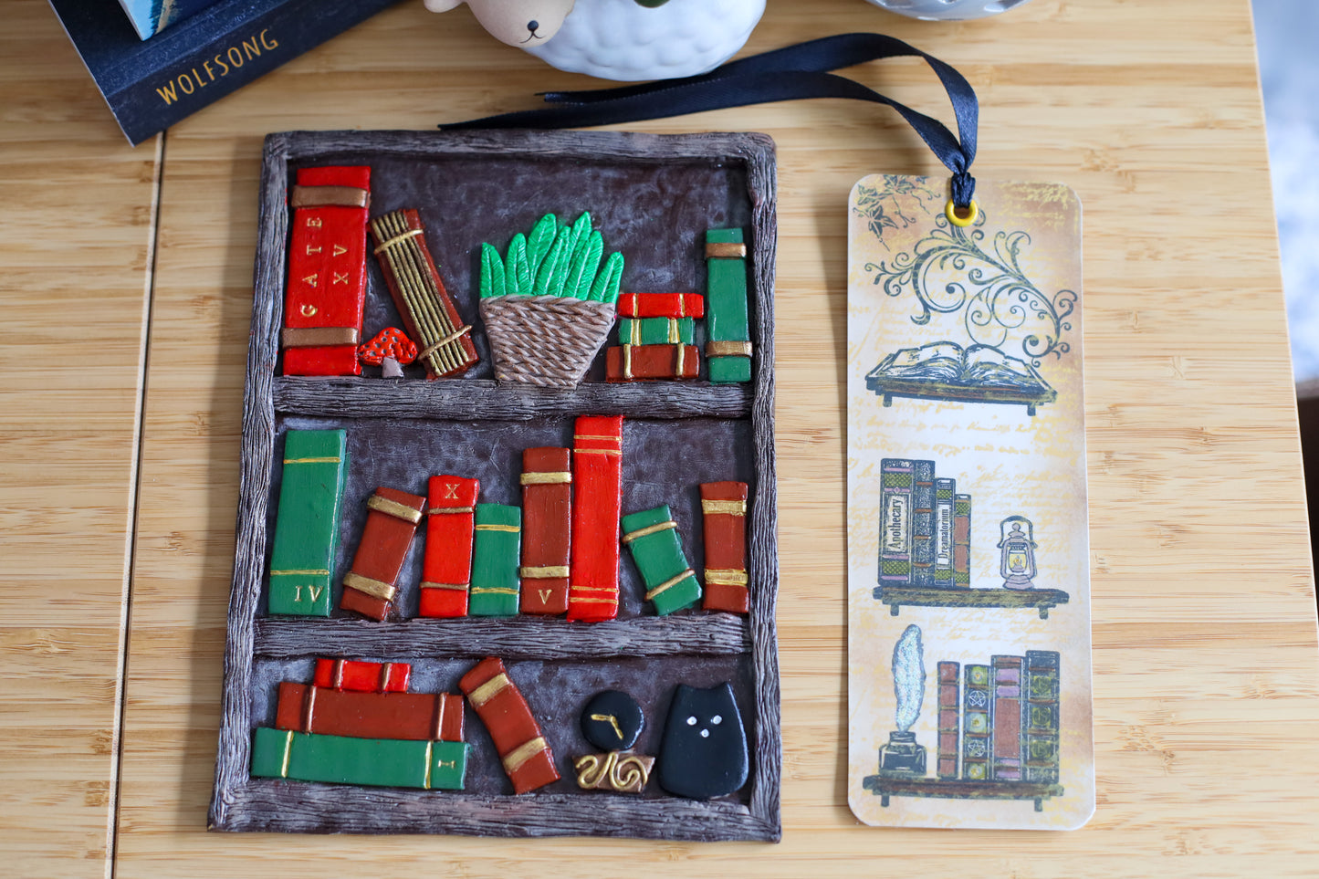 Library Hand Sculpted Book Cover & Bookmark Bundle with Mystery Charm