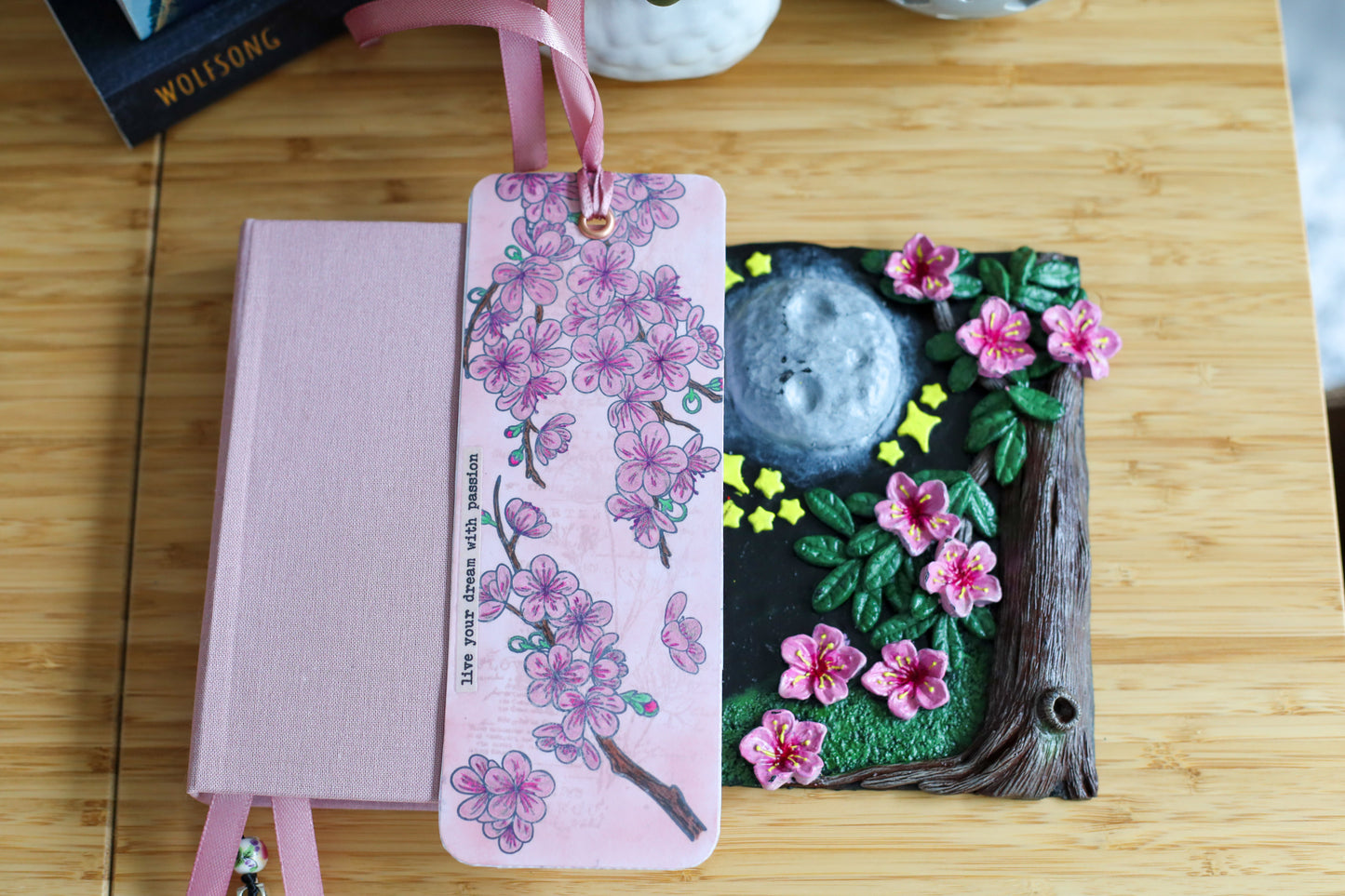 Moonlit Cherry Blossom Book Cover & Dot Grid Journal Bundle with Mystery Charm