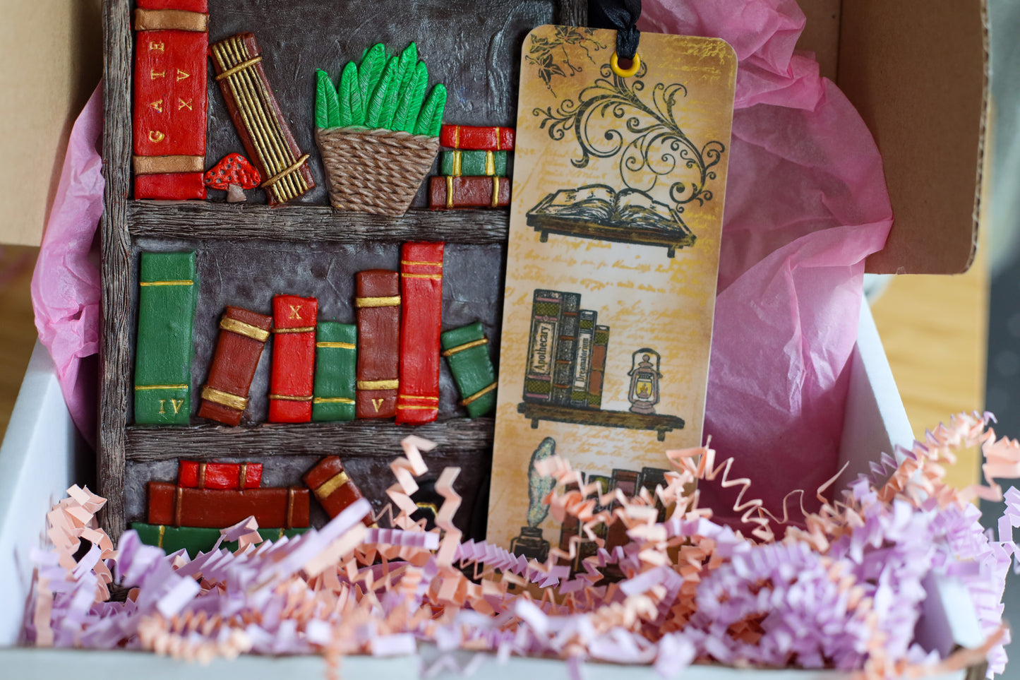 Library Hand Sculpted Book Cover & Bookmark Bundle with Mystery Charm