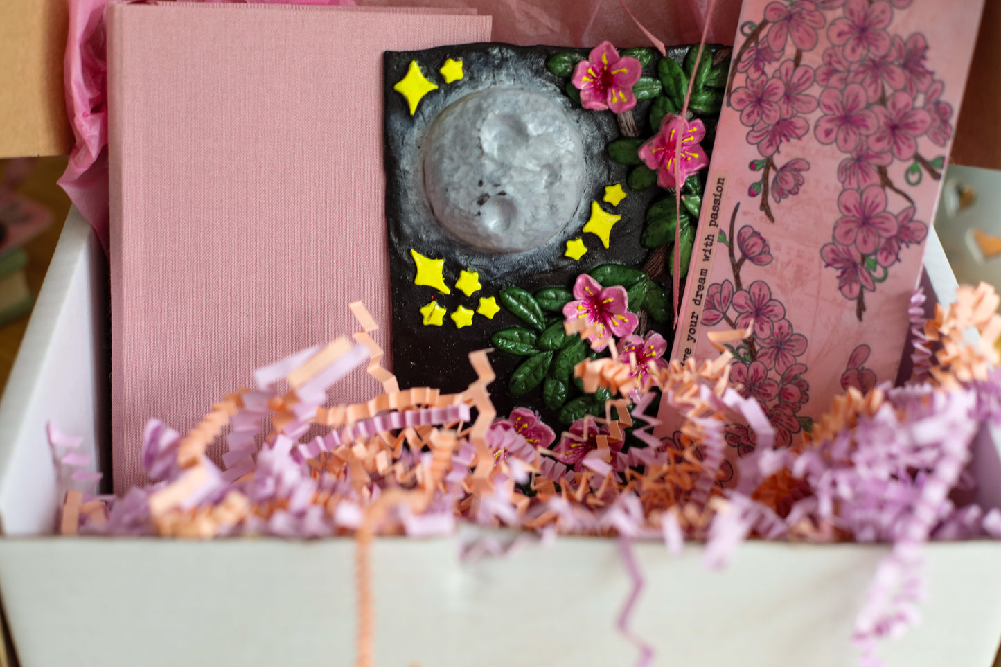 Moonlit Cherry Blossom Book Cover & Dot Grid Journal Bundle with Mystery Charm