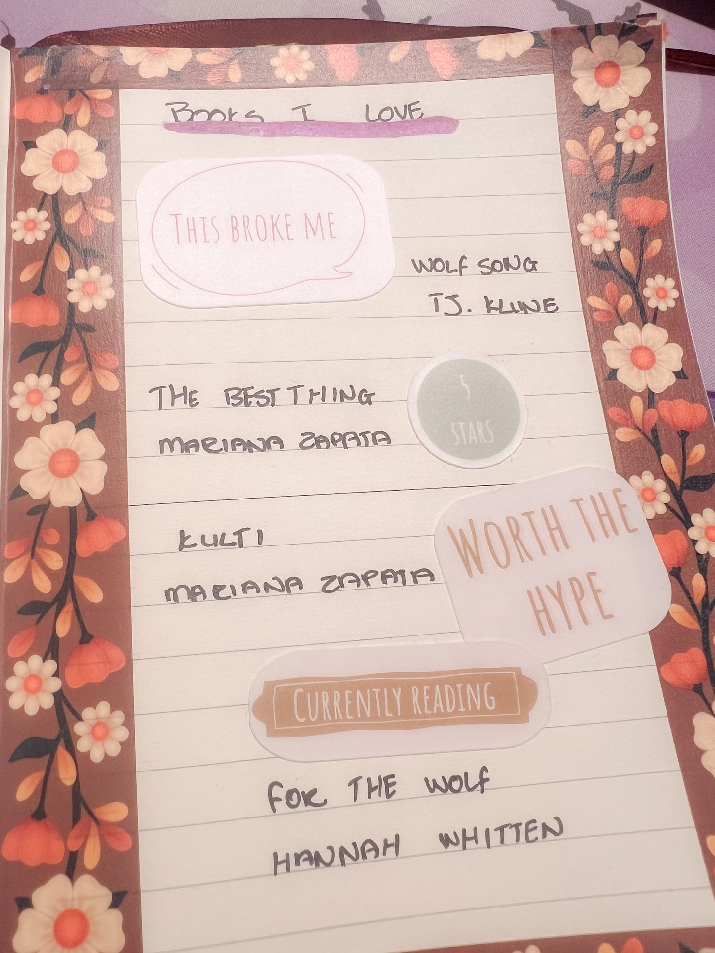 Notebook page with handwritten text and decorative floral border with book inspired stickers