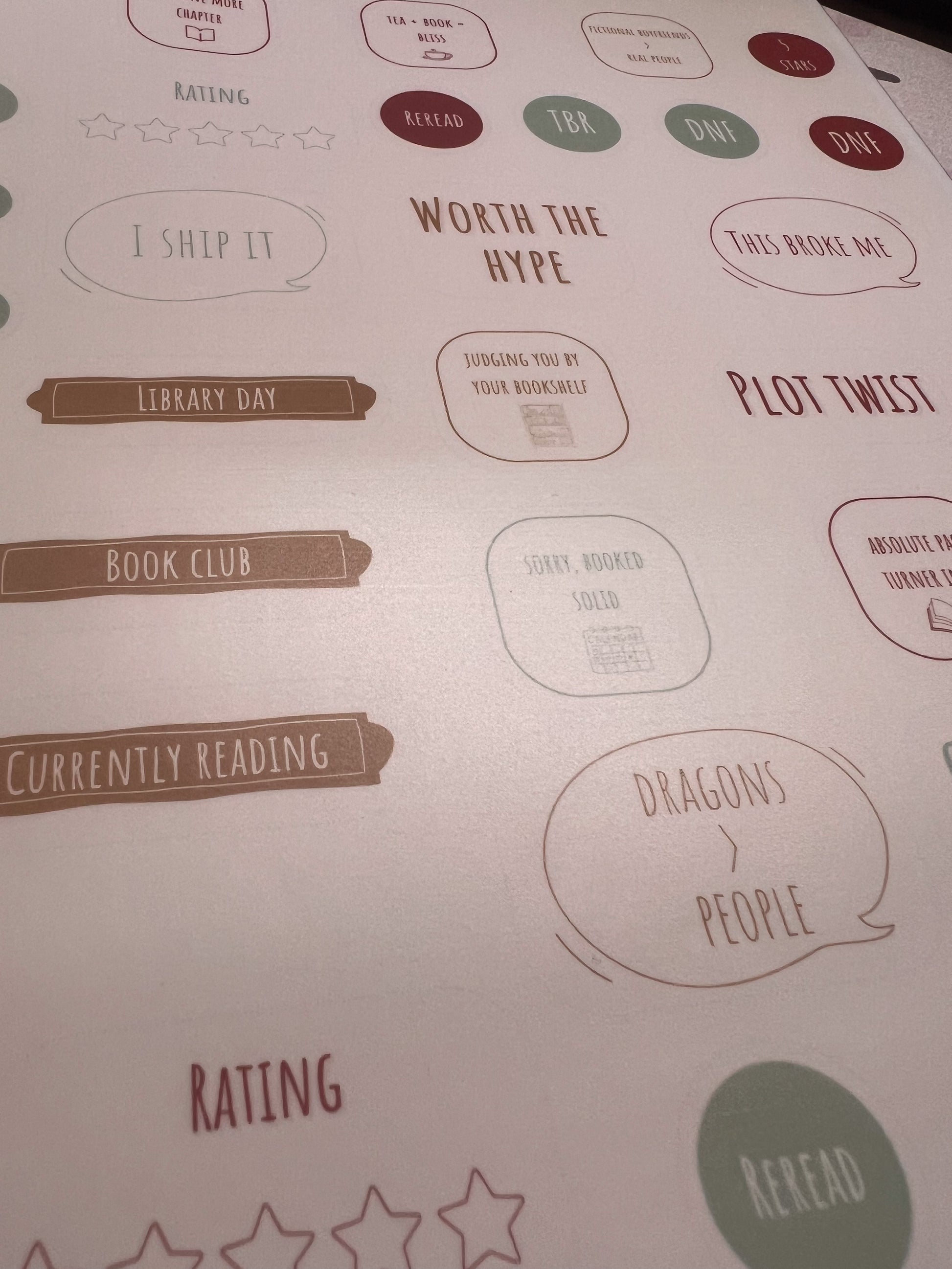 Sheet of stickers with various text labels and icons on a light background