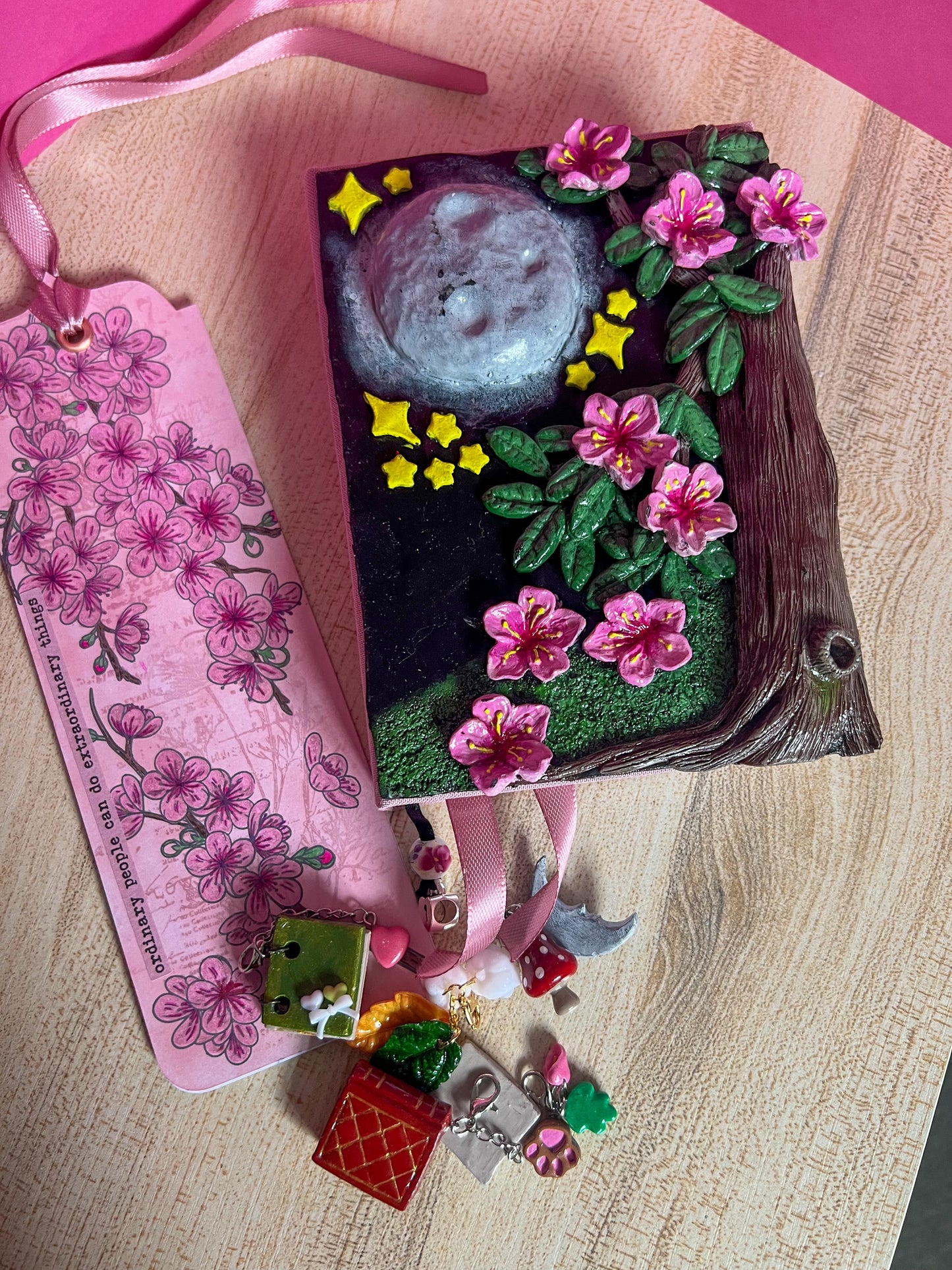 Moonlit Cherry Blossom Book Cover & Dot Grid Journal Bundle with Mystery Charm