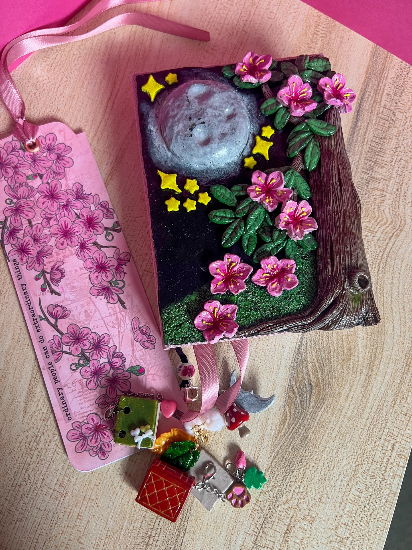 Moonlit Cherry Blossom Book Cover & Dot Grid Journal Bundle with Mystery Charm