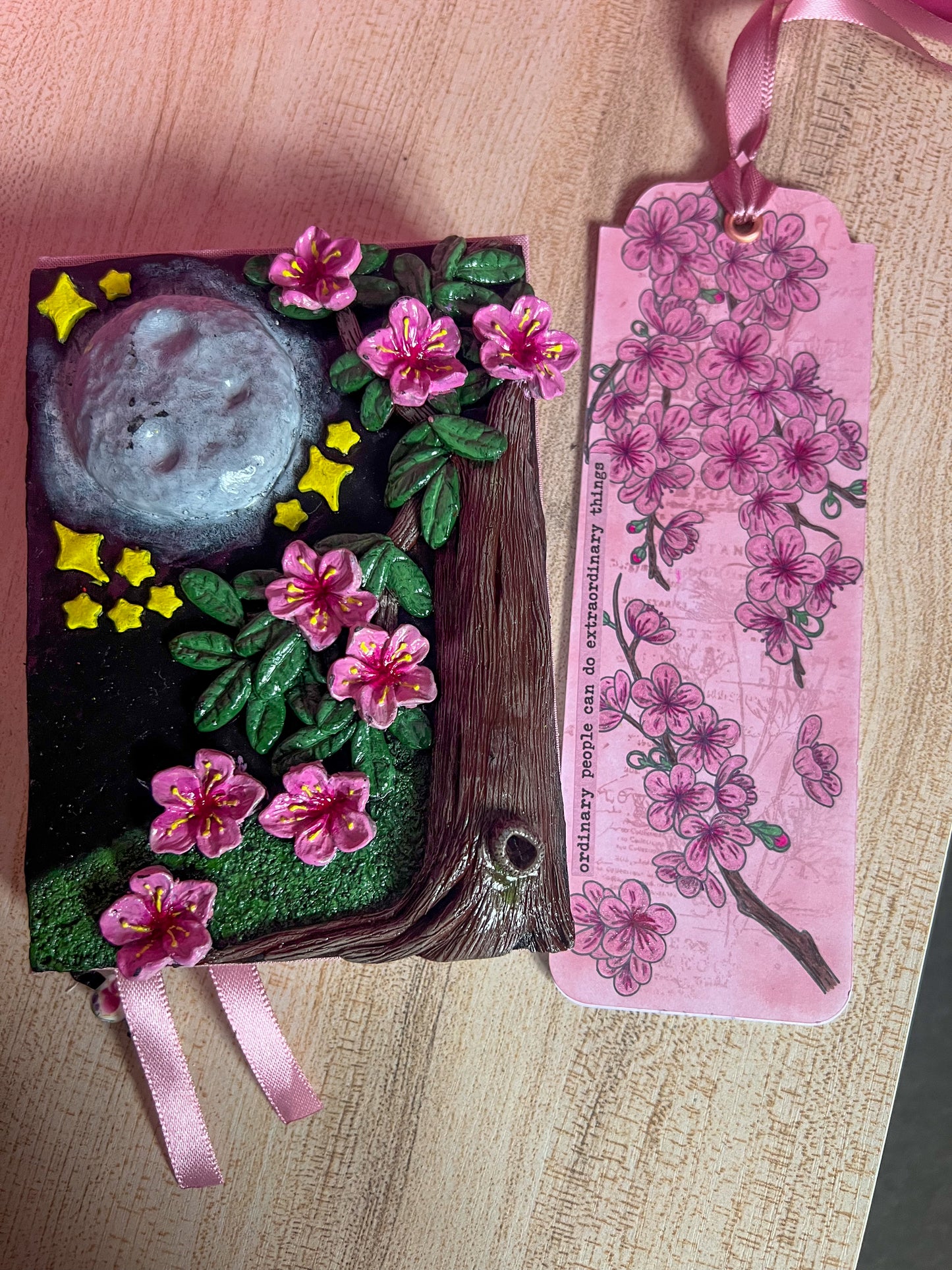 Moonlit Cherry Blossom Book Cover & Dot Grid Journal Bundle with Mystery Charm